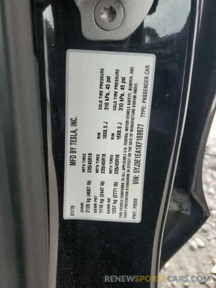 12 Photograph of a damaged car 5YJ3E1EA1KF189977 TESLA MODEL 3 2019