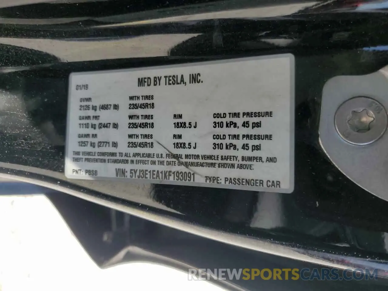 13 Photograph of a damaged car 5YJ3E1EA1KF193091 TESLA MODEL 3 2019