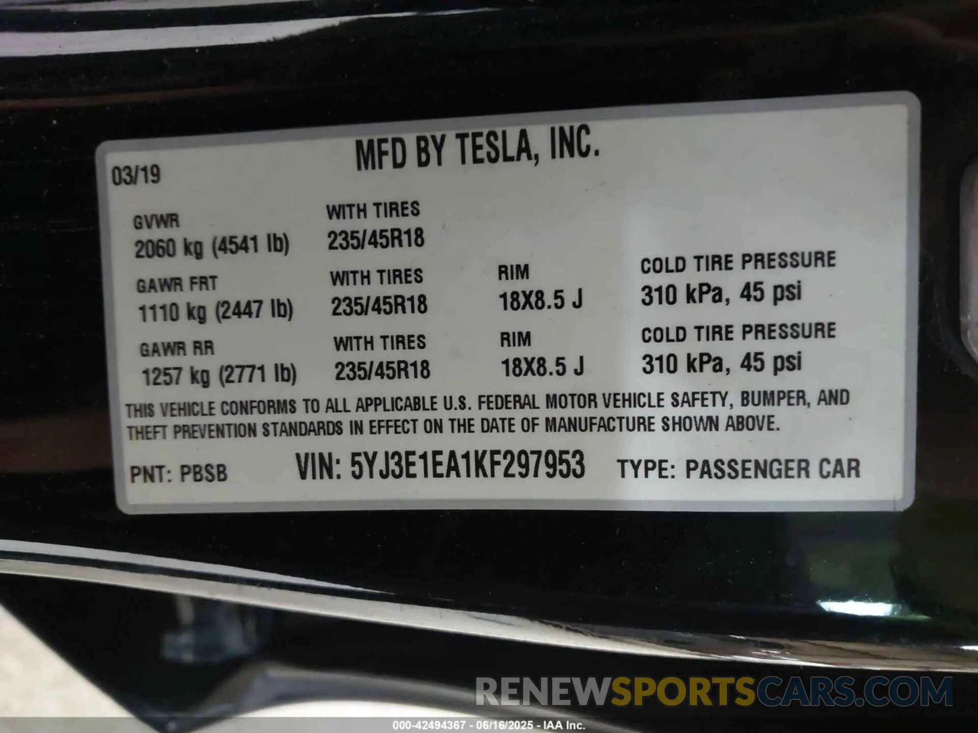 9 Photograph of a damaged car 5YJ3E1EA1KF297953 TESLA MODEL 3 2019
