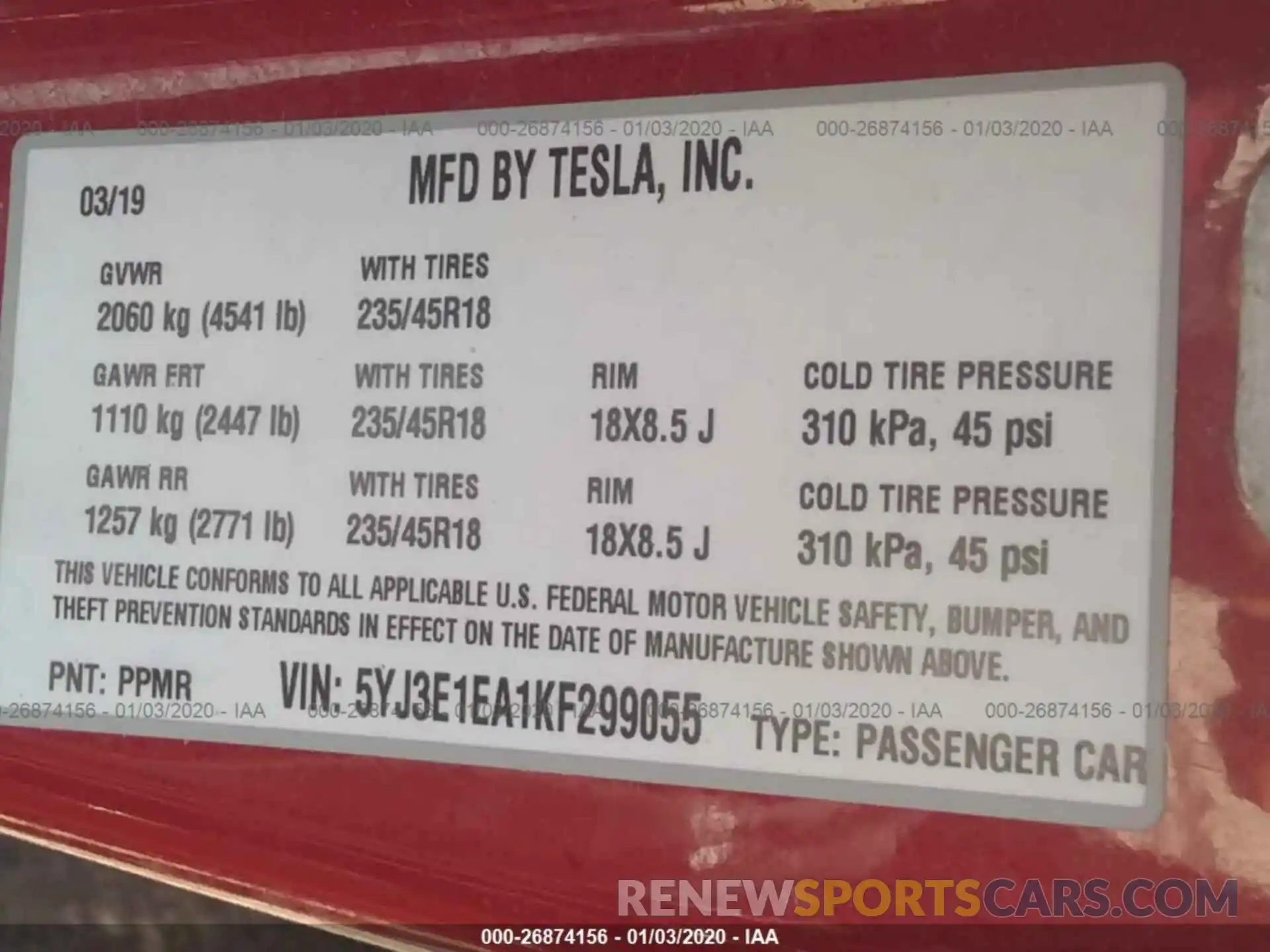 9 Photograph of a damaged car 5YJ3E1EA1KF299055 TESLA MODEL 3 2019