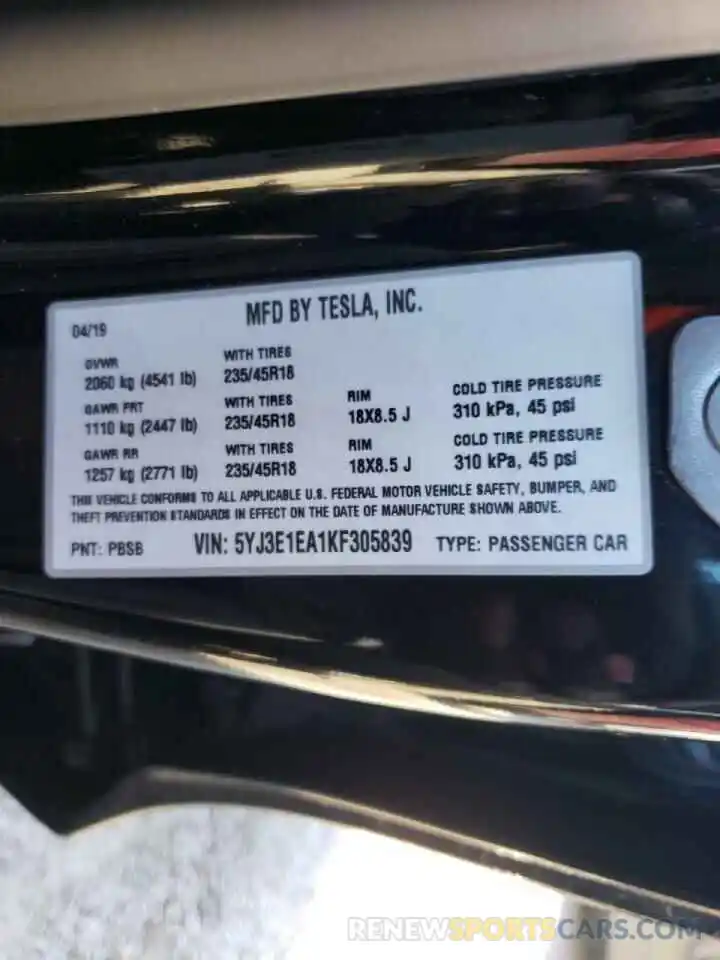 10 Photograph of a damaged car 5YJ3E1EA1KF305839 TESLA MODEL 3 2019