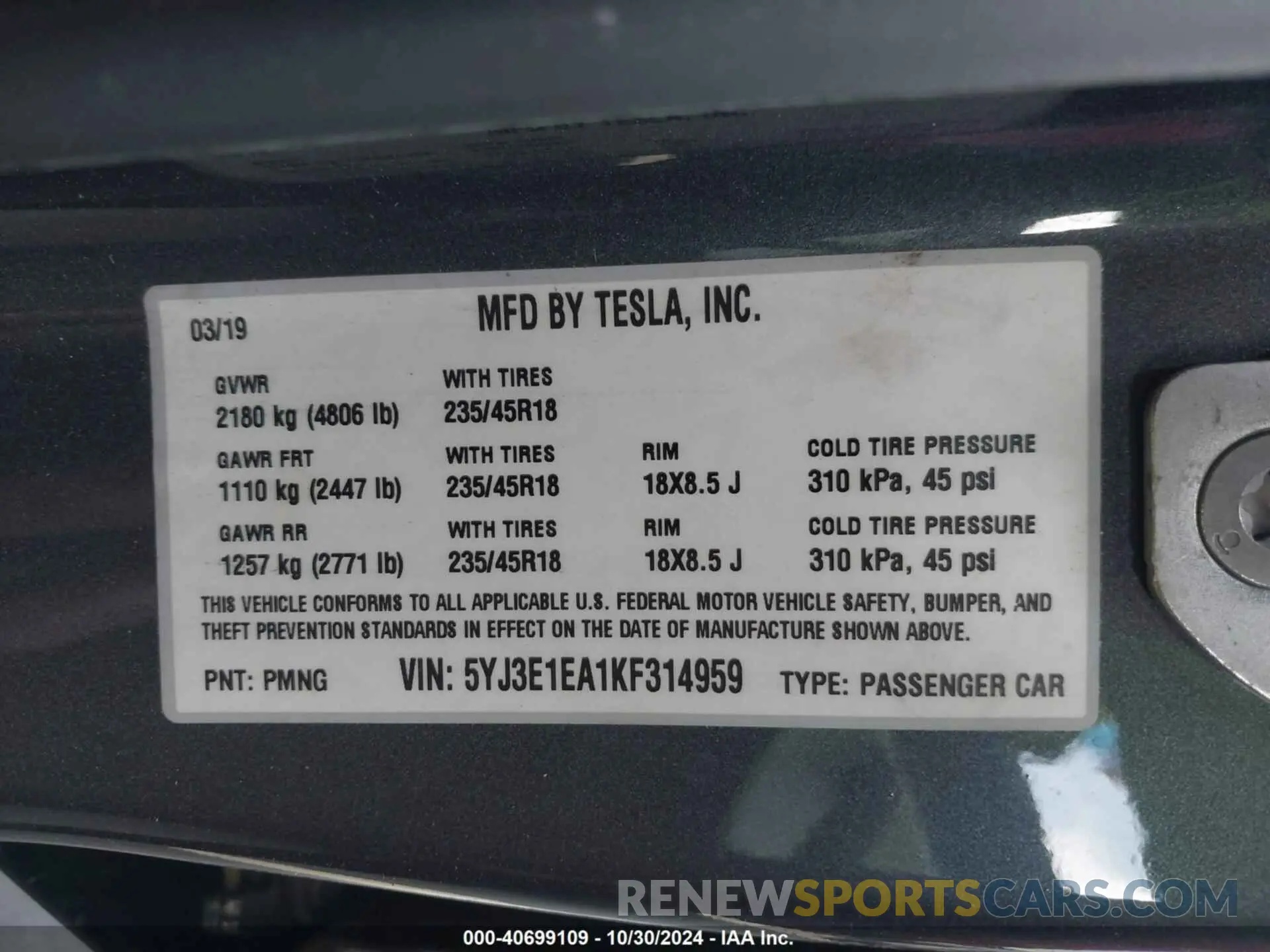 9 Photograph of a damaged car 5YJ3E1EA1KF314959 TESLA MODEL 3 2019