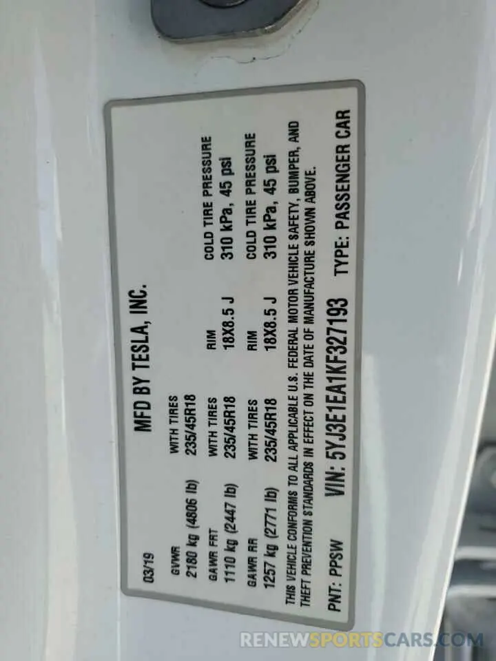 12 Photograph of a damaged car 5YJ3E1EA1KF327193 TESLA MODEL 3 2019