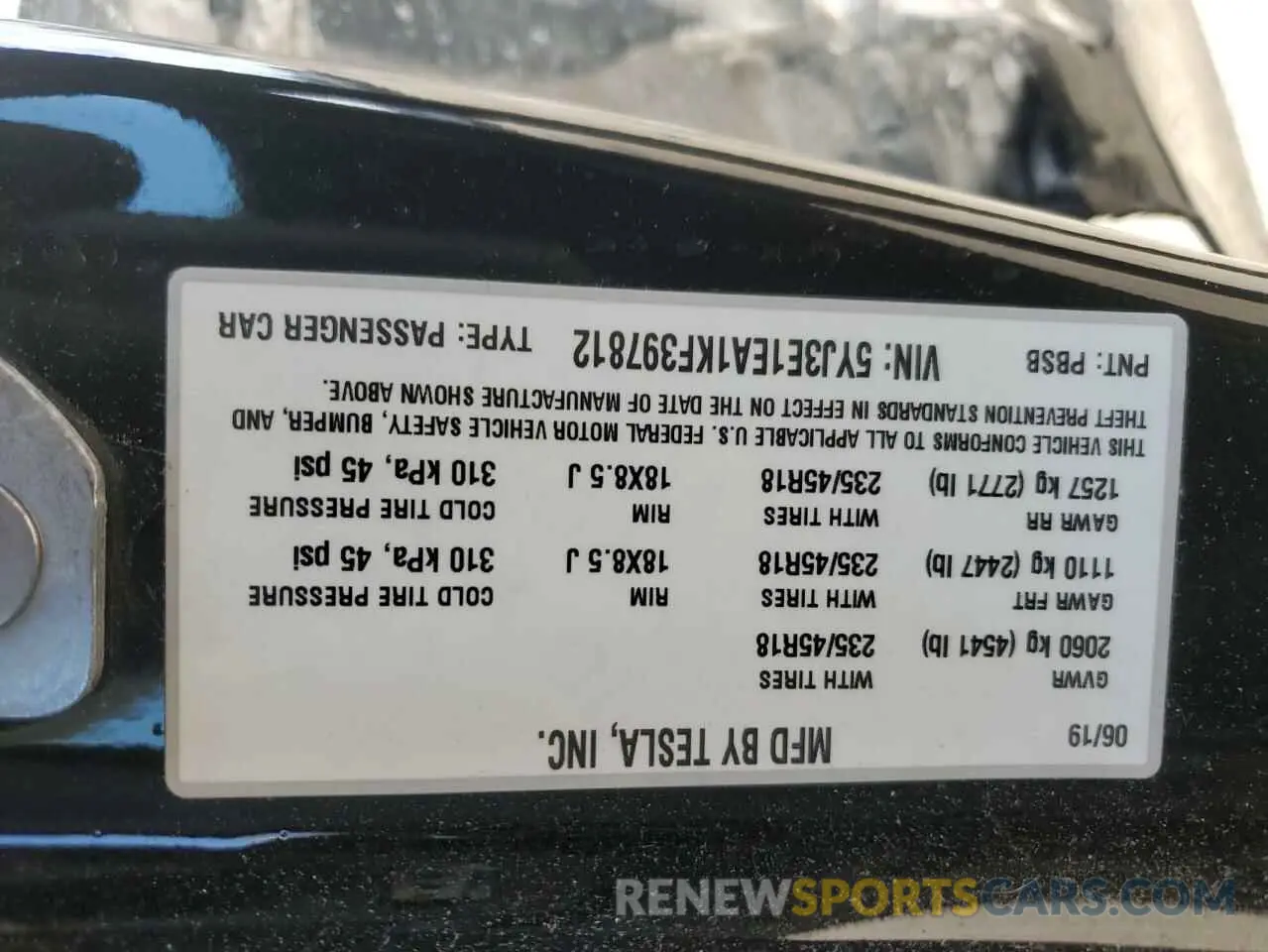 12 Photograph of a damaged car 5YJ3E1EA1KF397812 TESLA MODEL 3 2019
