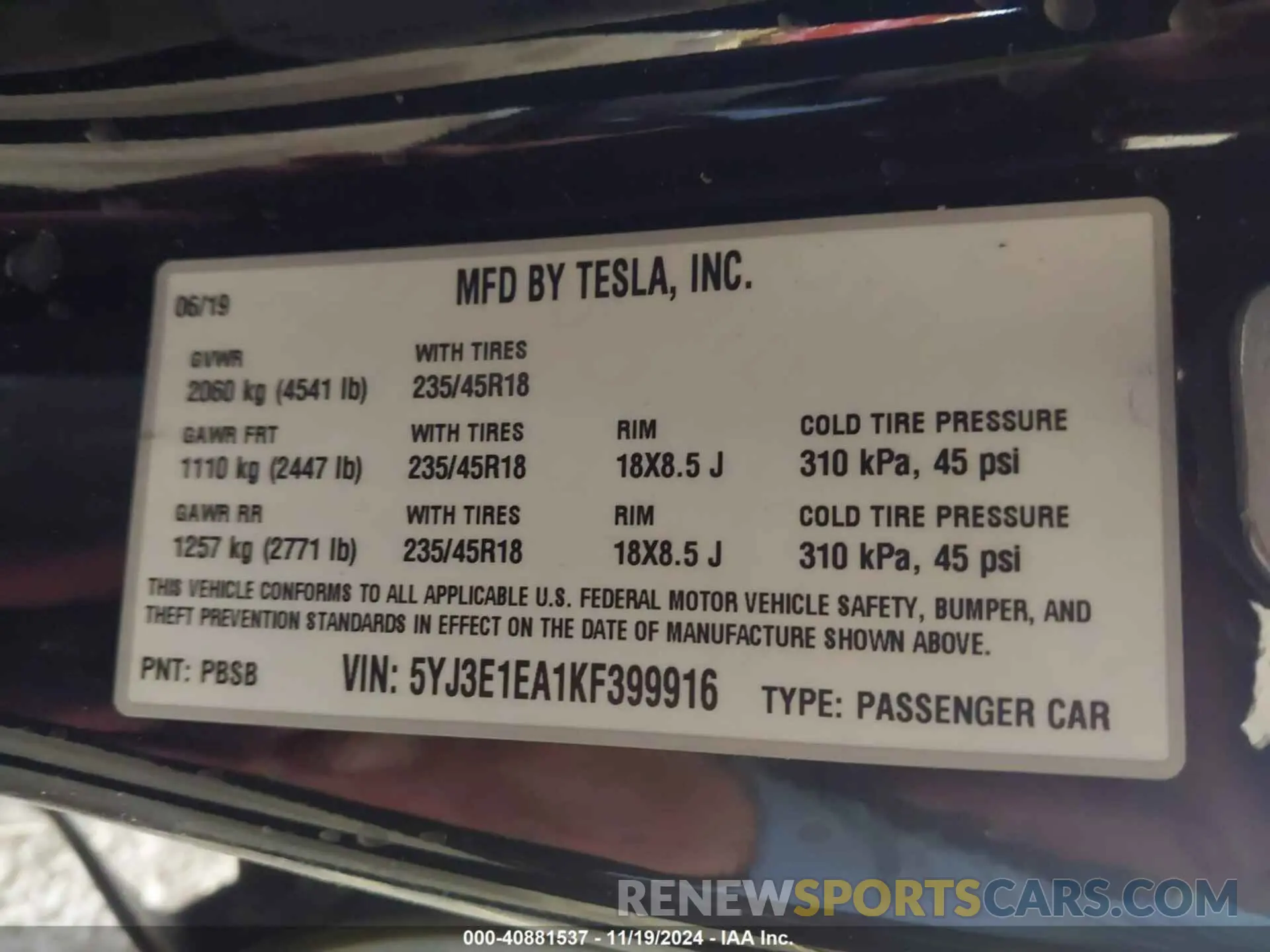 9 Photograph of a damaged car 5YJ3E1EA1KF399916 TESLA MODEL 3 2019