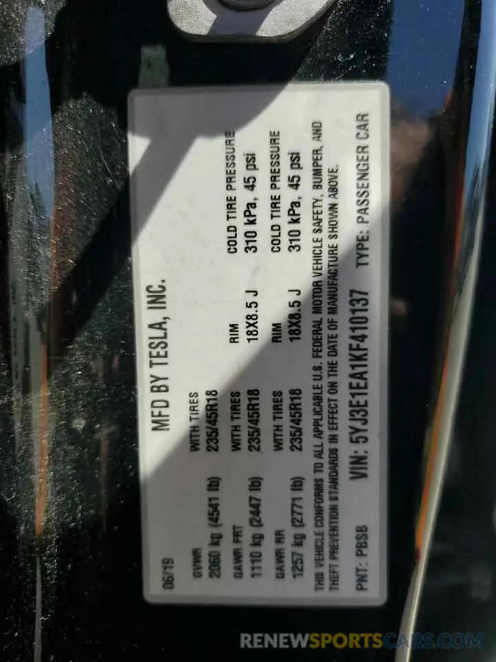 12 Photograph of a damaged car 5YJ3E1EA1KF410137 TESLA MODEL 3 2019