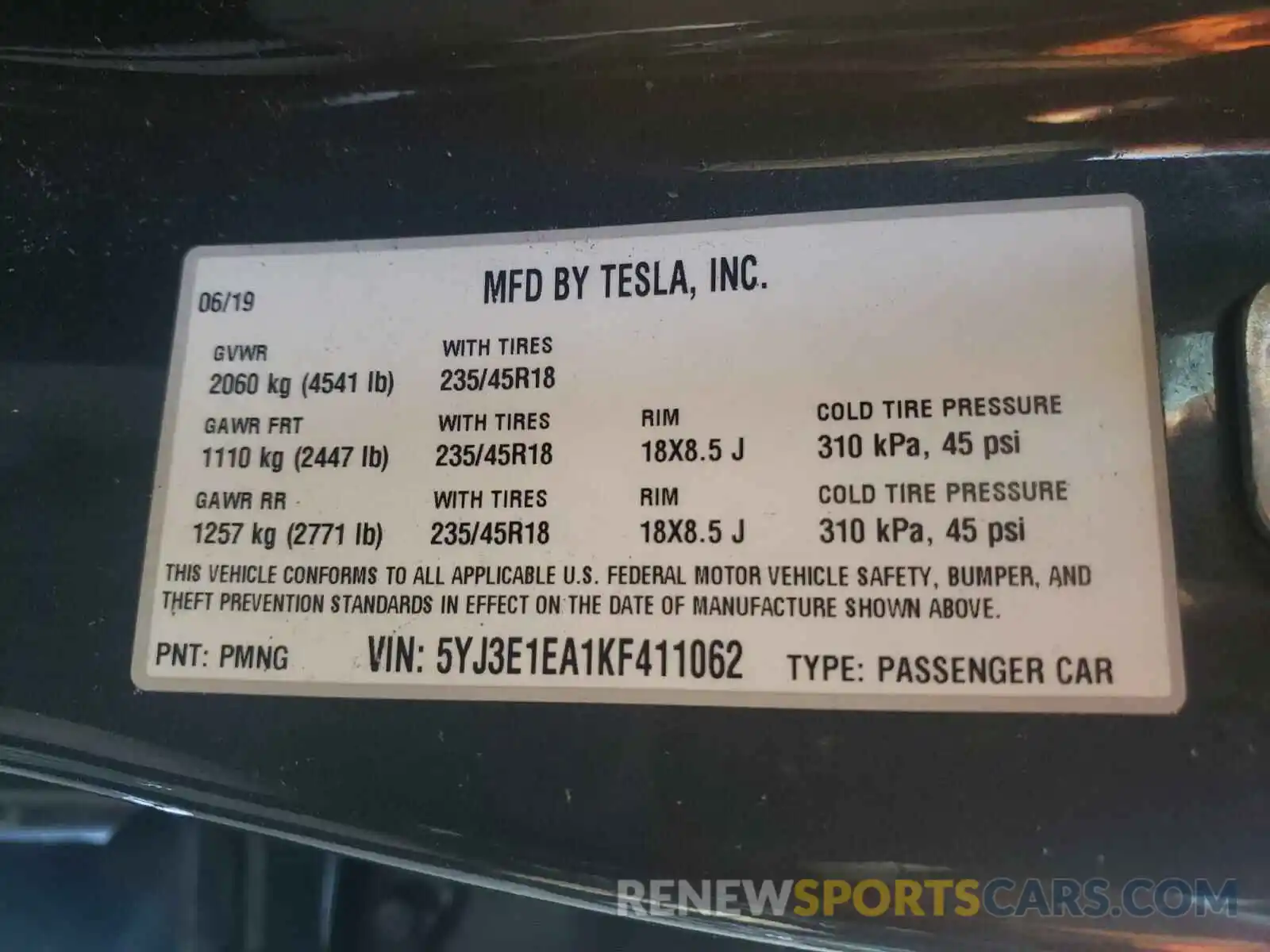 10 Photograph of a damaged car 5YJ3E1EA1KF411062 TESLA MODEL 3 2019