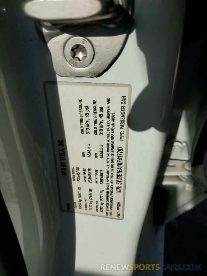 12 Photograph of a damaged car 5YJ3E1EA1KF417797 TESLA MODEL 3 2019