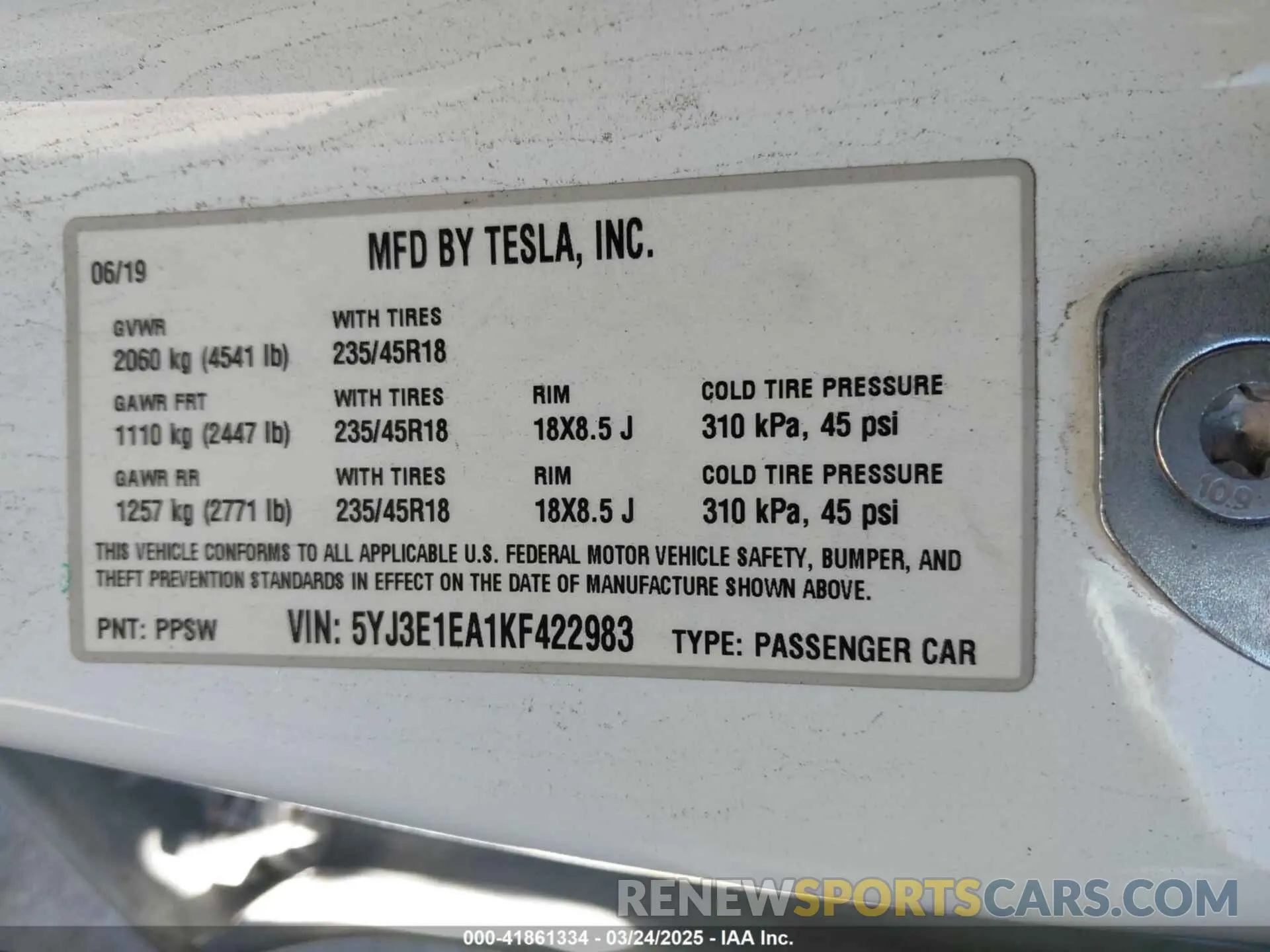 9 Photograph of a damaged car 5YJ3E1EA1KF422983 TESLA MODEL 3 2019