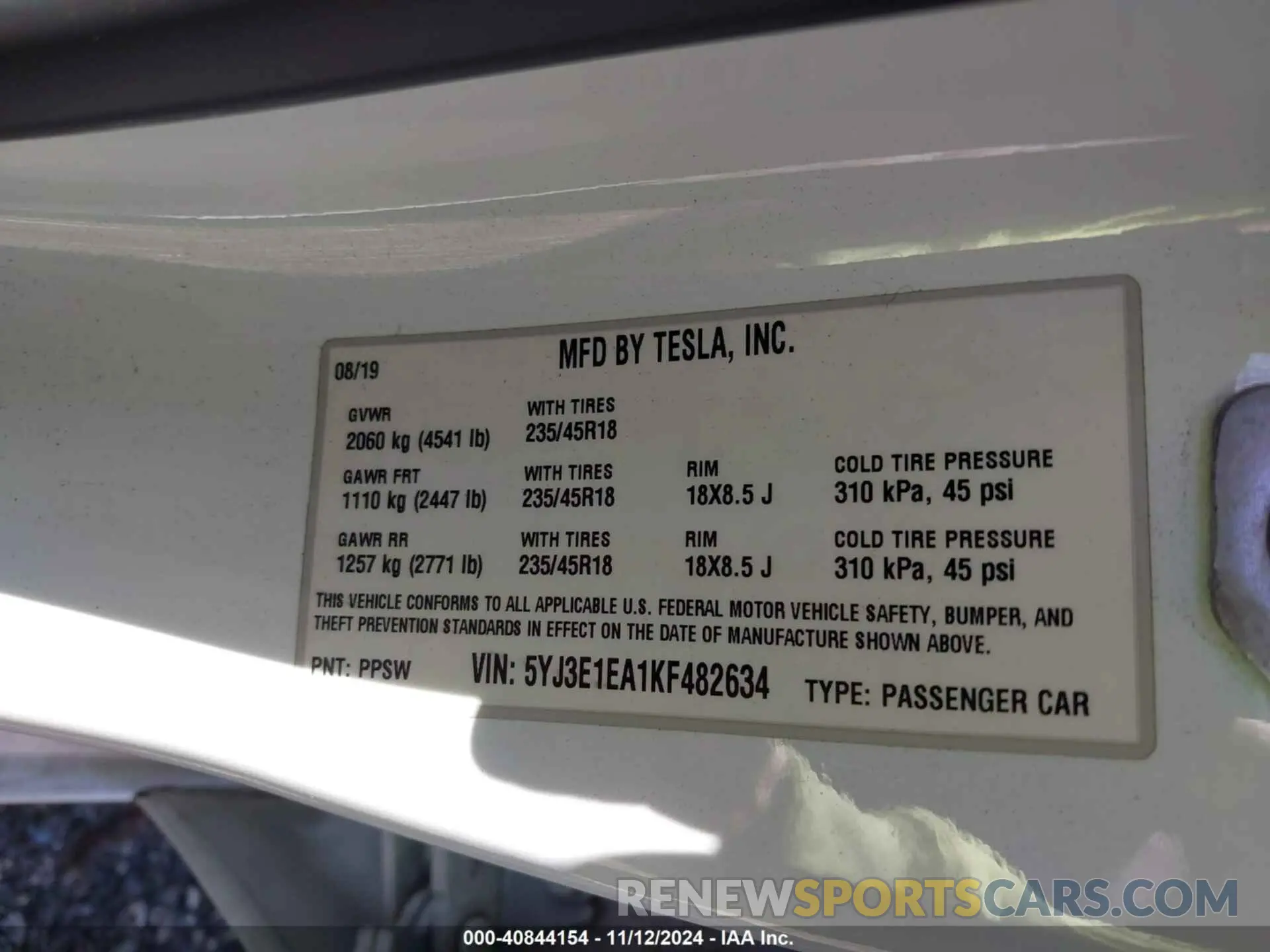 9 Photograph of a damaged car 5YJ3E1EA1KF482634 TESLA MODEL 3 2019