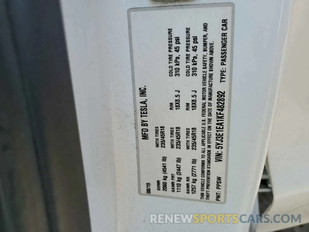 12 Photograph of a damaged car 5YJ3E1EA1KF482892 TESLA MODEL 3 2019