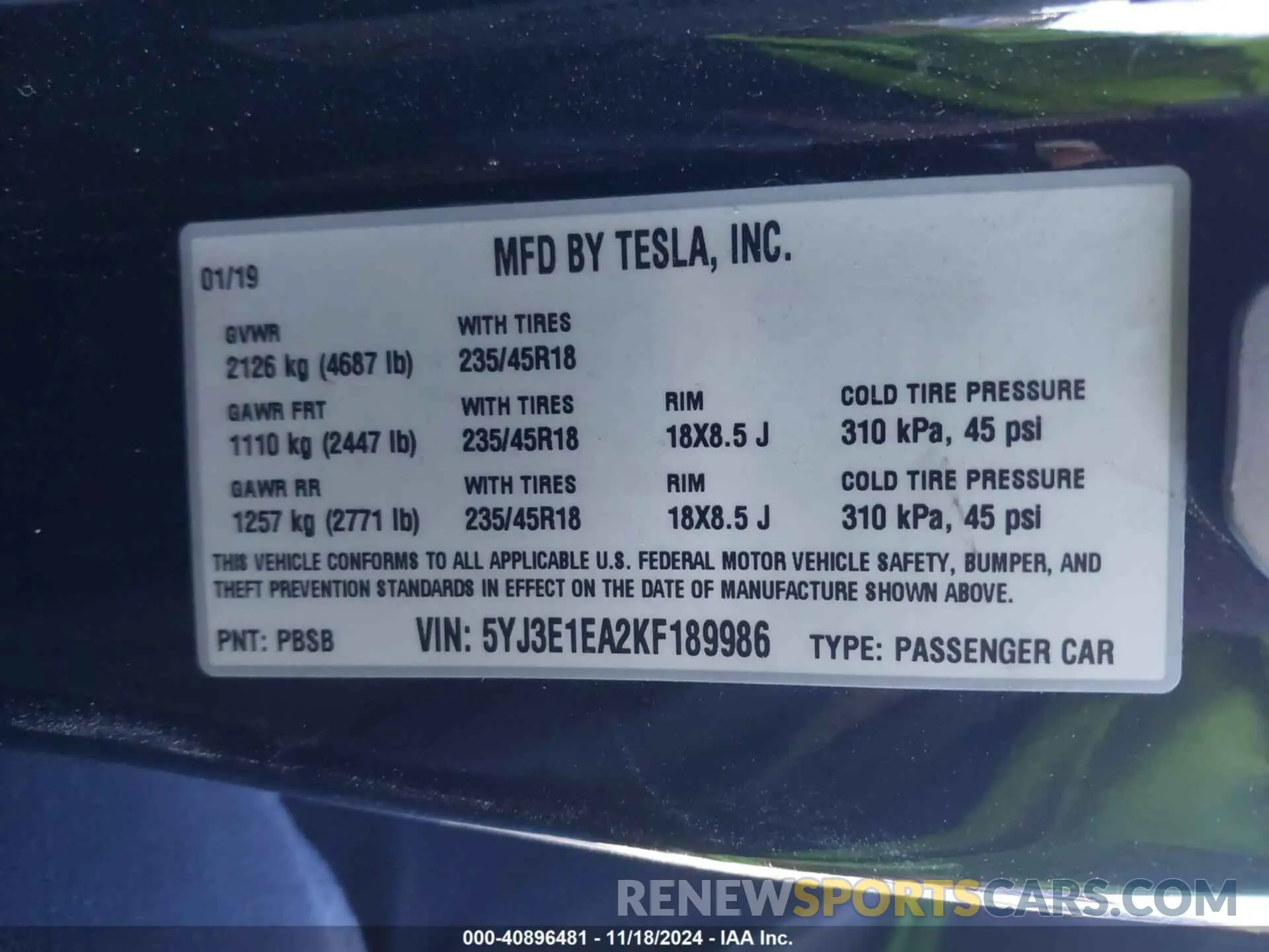 9 Photograph of a damaged car 5YJ3E1EA2KF189986 TESLA MODEL 3 2019