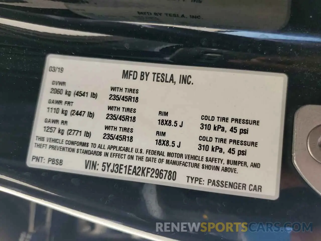 12 Photograph of a damaged car 5YJ3E1EA2KF296780 TESLA MODEL 3 2019