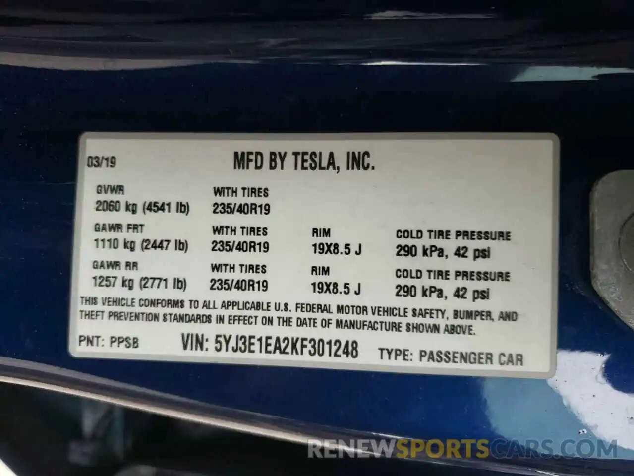 10 Photograph of a damaged car 5YJ3E1EA2KF301248 TESLA MODEL 3 2019