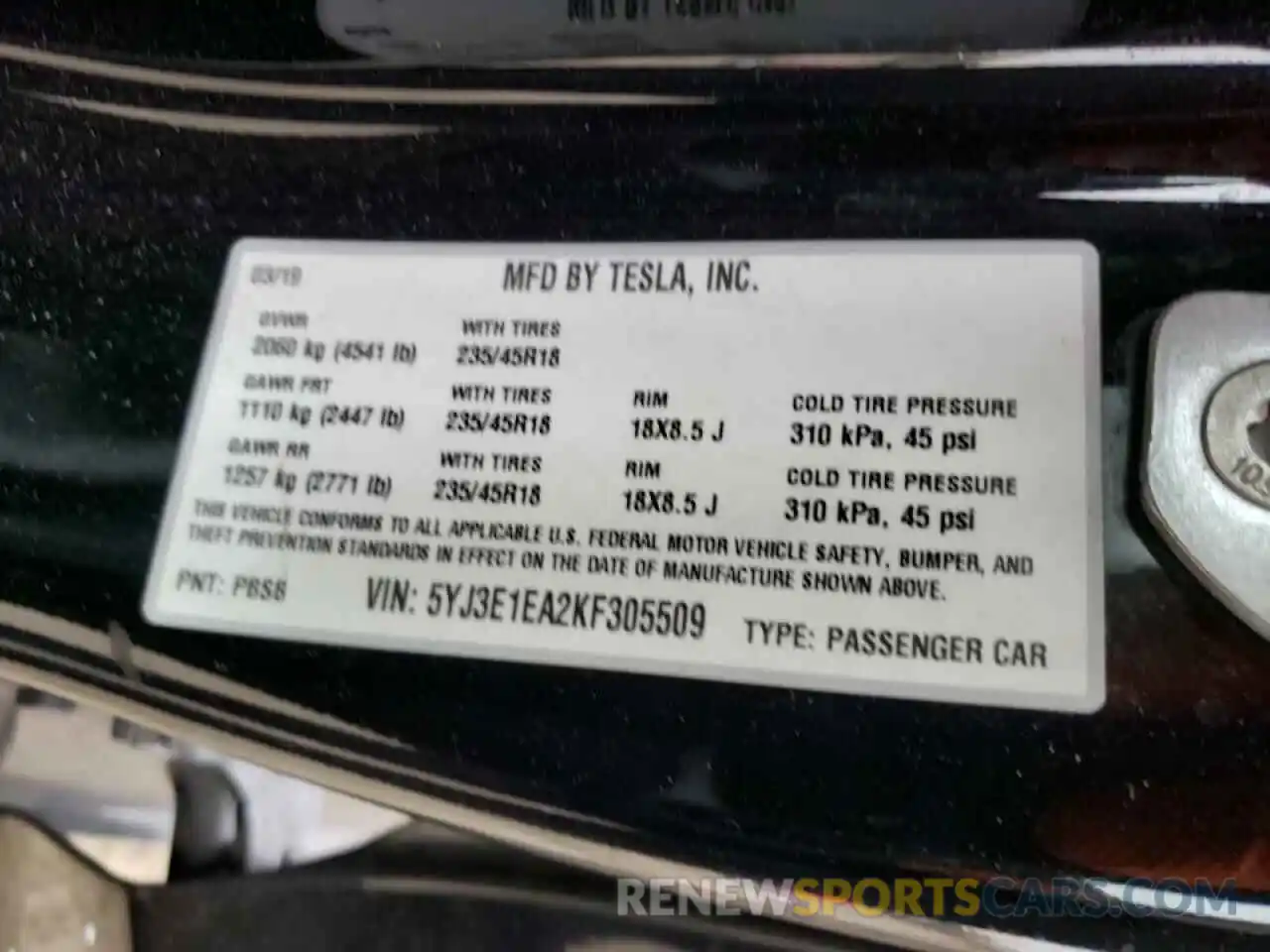 10 Photograph of a damaged car 5YJ3E1EA2KF305509 TESLA MODEL 3 2019