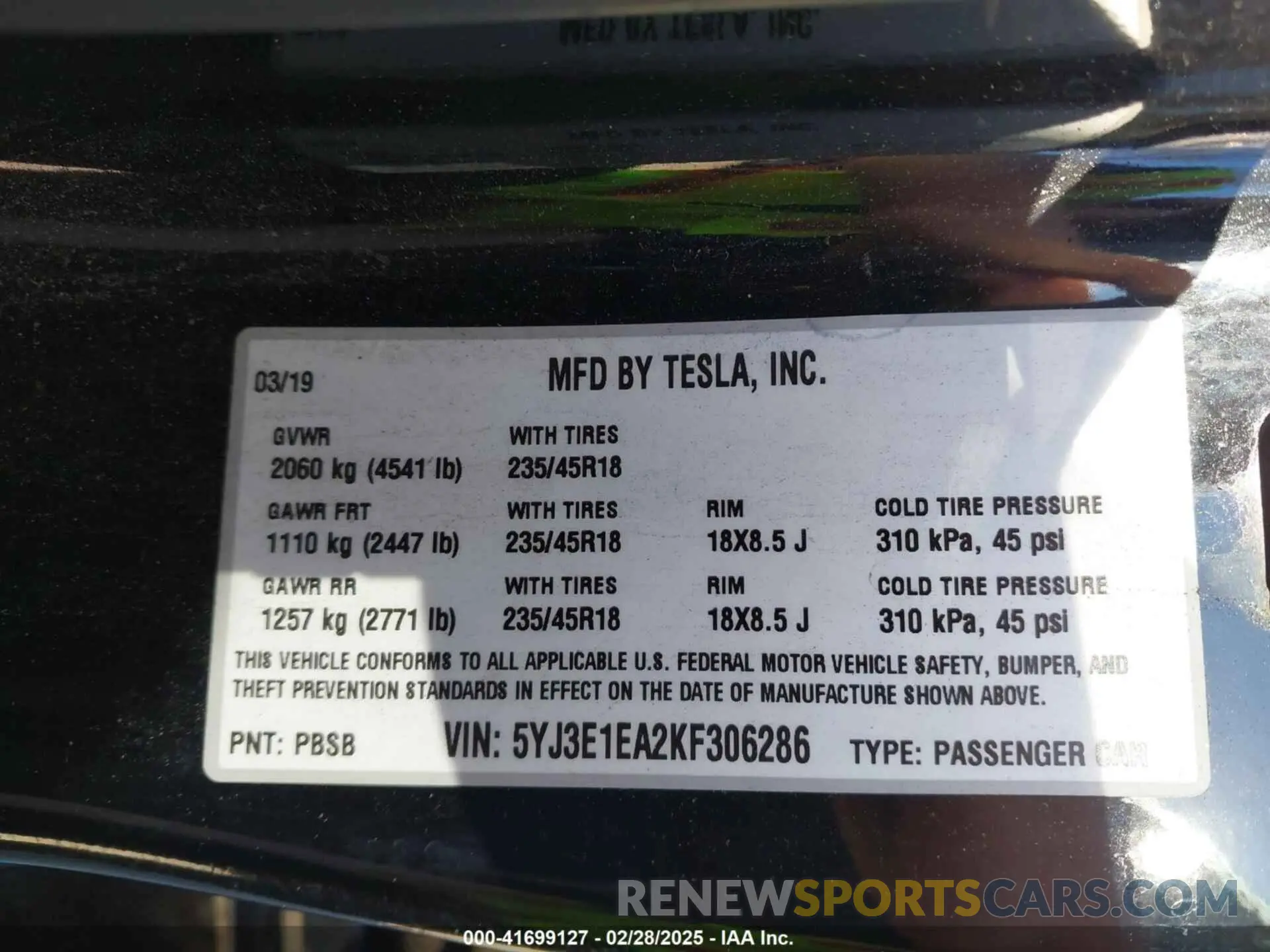 9 Photograph of a damaged car 5YJ3E1EA2KF306286 TESLA MODEL 3 2019