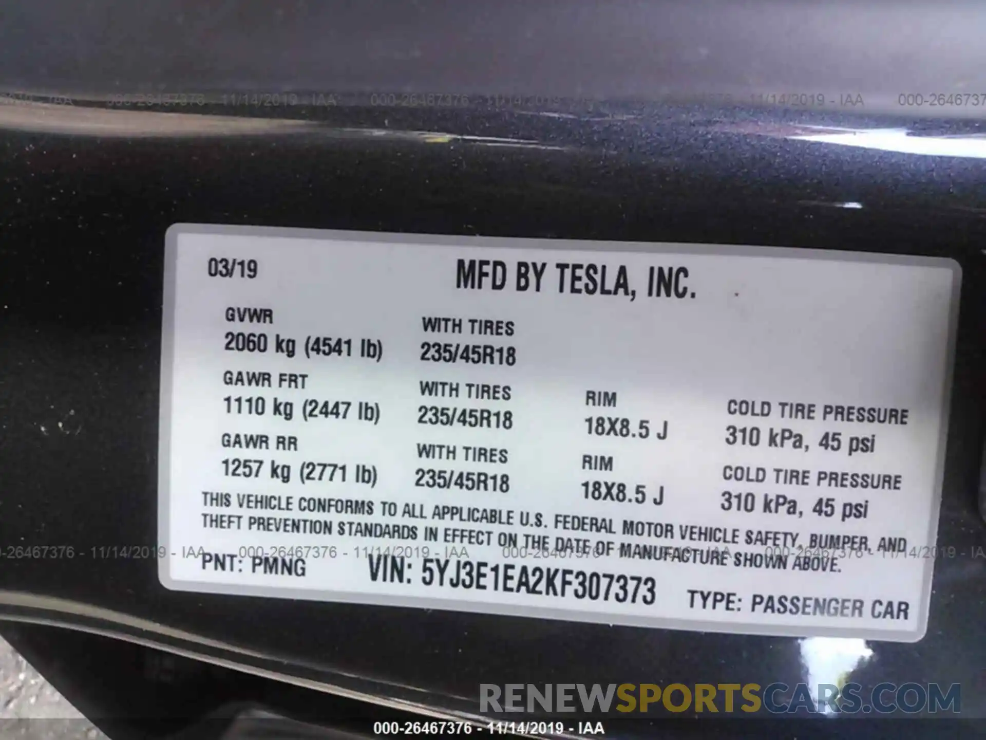 9 Photograph of a damaged car 5YJ3E1EA2KF307373 TESLA MODEL 3 2019