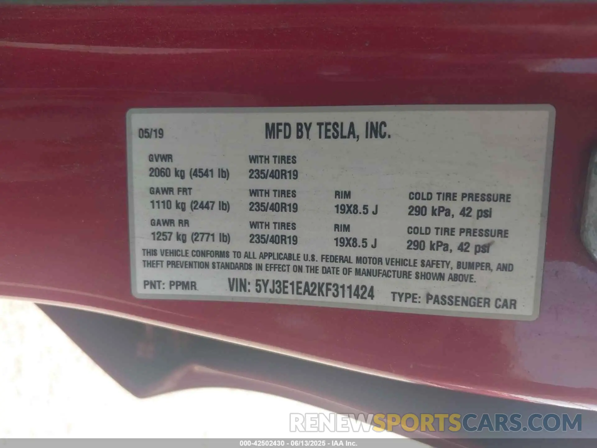9 Photograph of a damaged car 5YJ3E1EA2KF311424 TESLA MODEL 3 2019