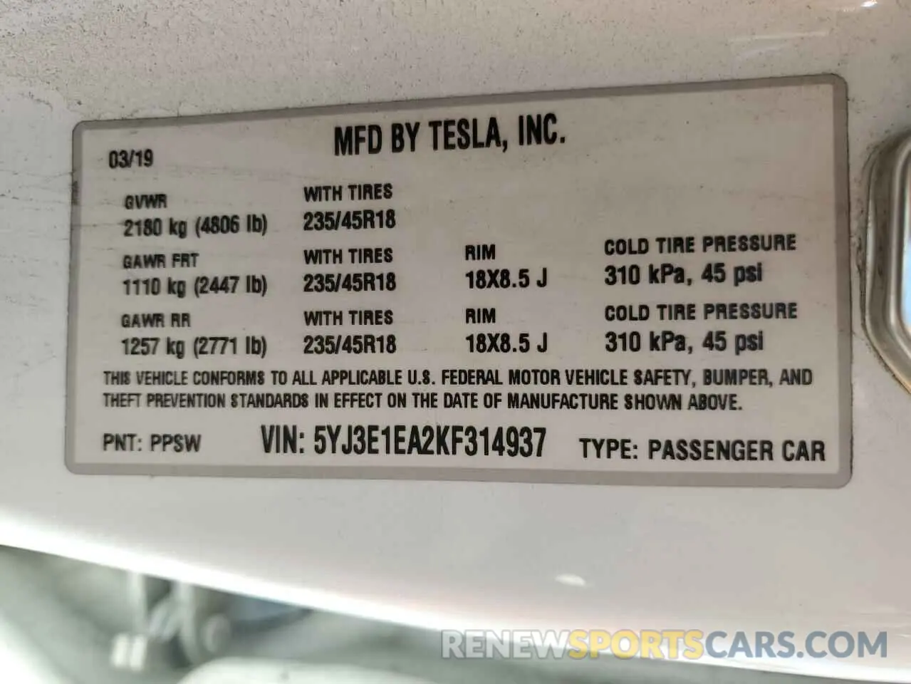 12 Photograph of a damaged car 5YJ3E1EA2KF314937 TESLA MODEL 3 2019