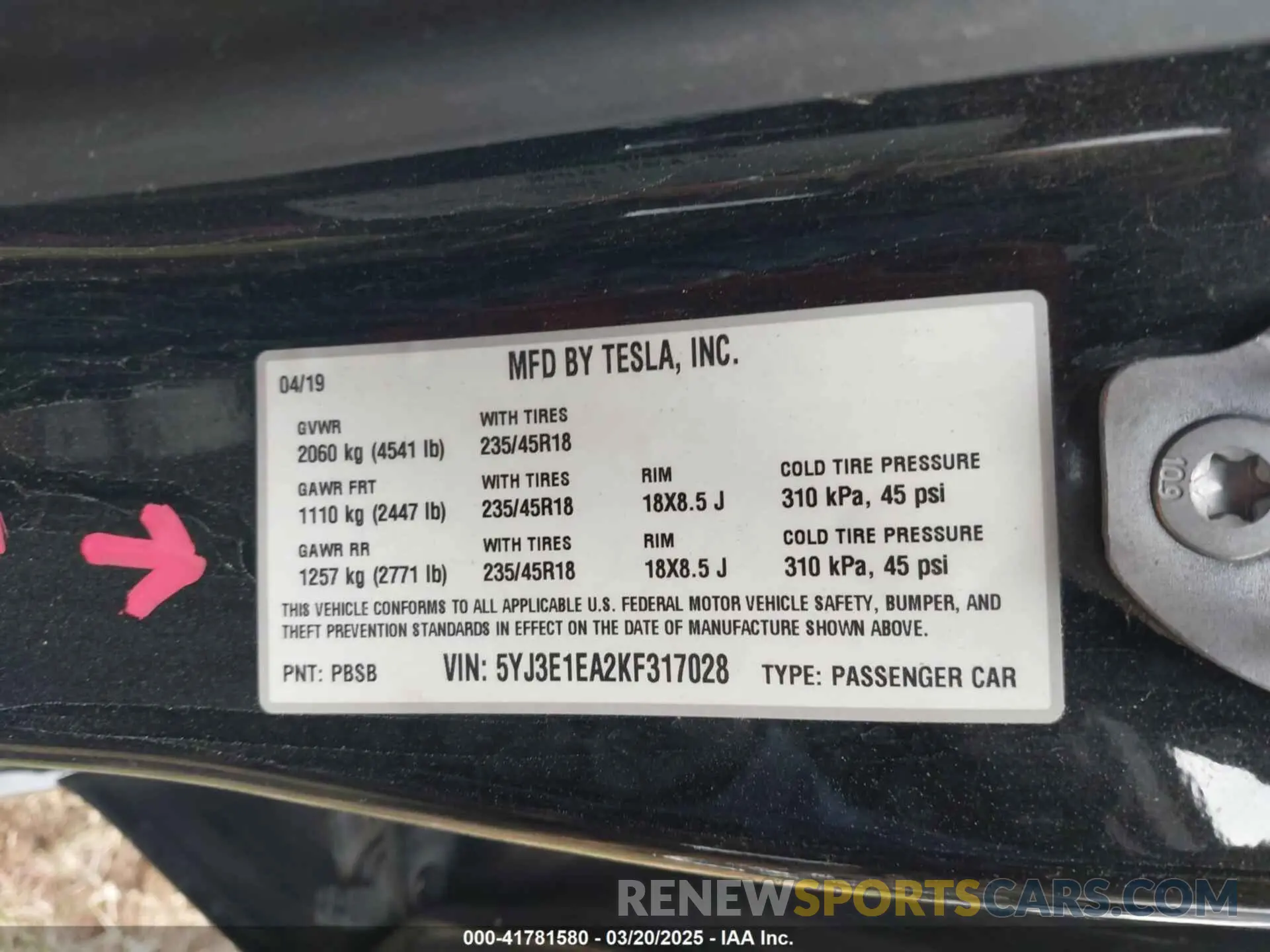 9 Photograph of a damaged car 5YJ3E1EA2KF317028 TESLA MODEL 3 2019