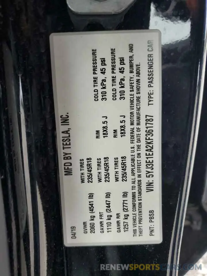 12 Photograph of a damaged car 5YJ3E1EA2KF361787 TESLA MODEL 3 2019