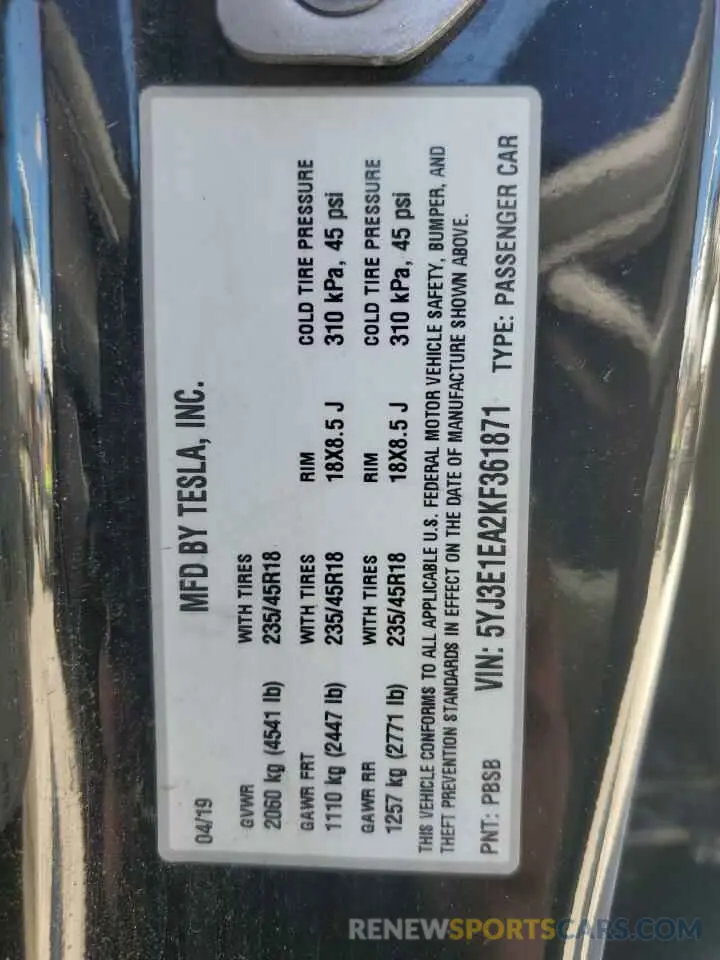 12 Photograph of a damaged car 5YJ3E1EA2KF361871 TESLA MODEL 3 2019