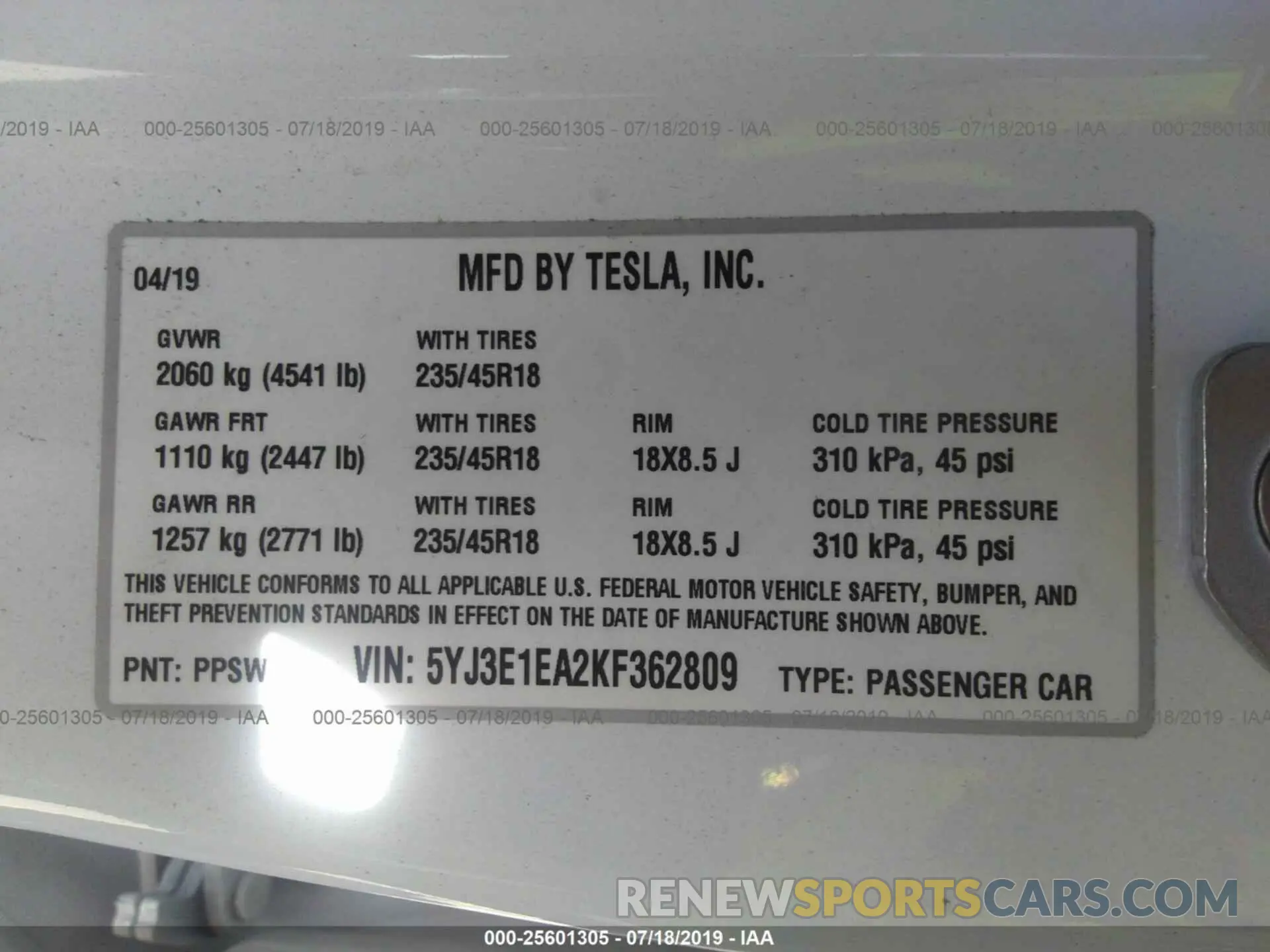 9 Photograph of a damaged car 5YJ3E1EA2KF362809 TESLA MODEL 3 2019