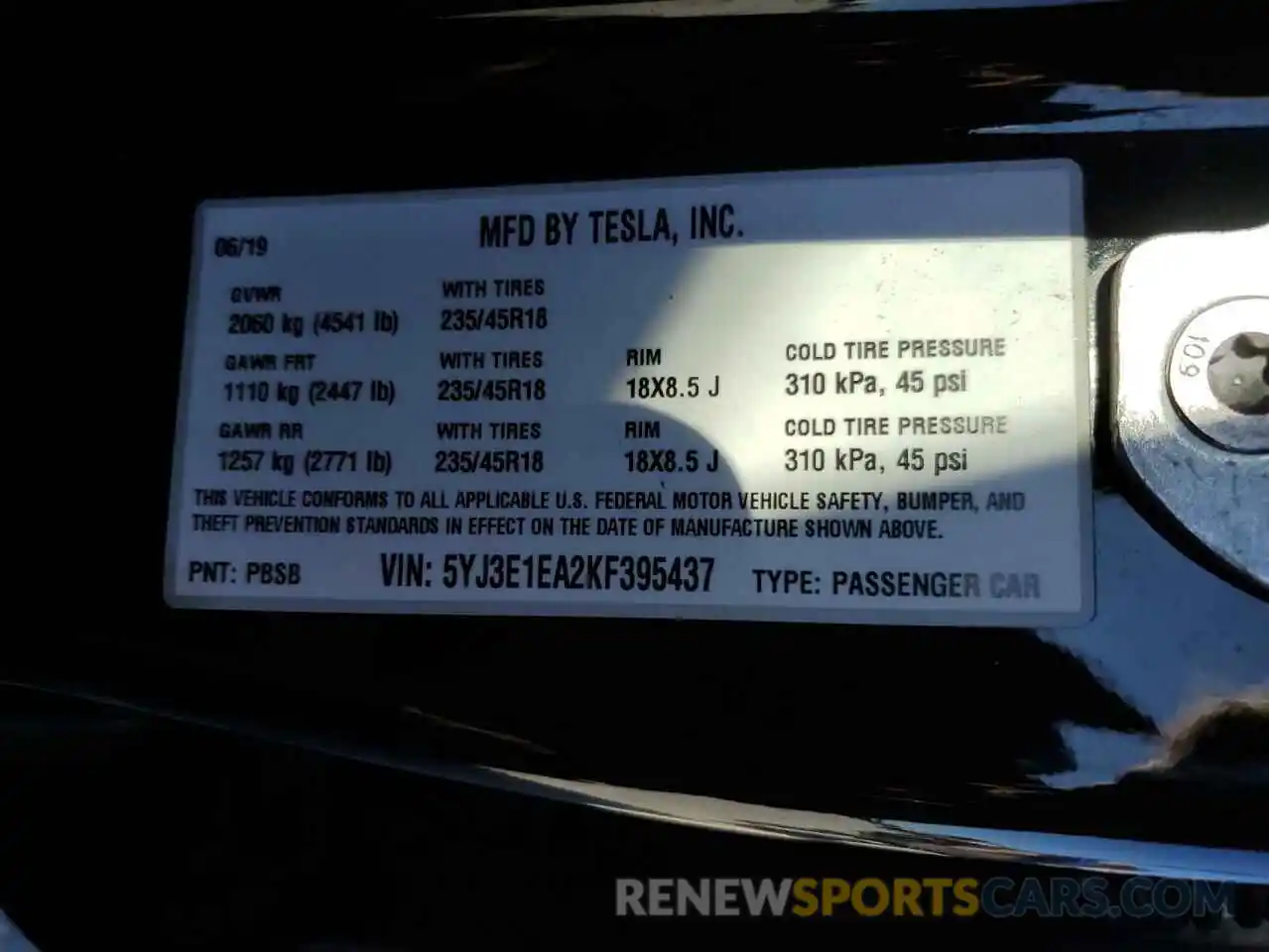 13 Photograph of a damaged car 5YJ3E1EA2KF395437 TESLA MODEL 3 2019