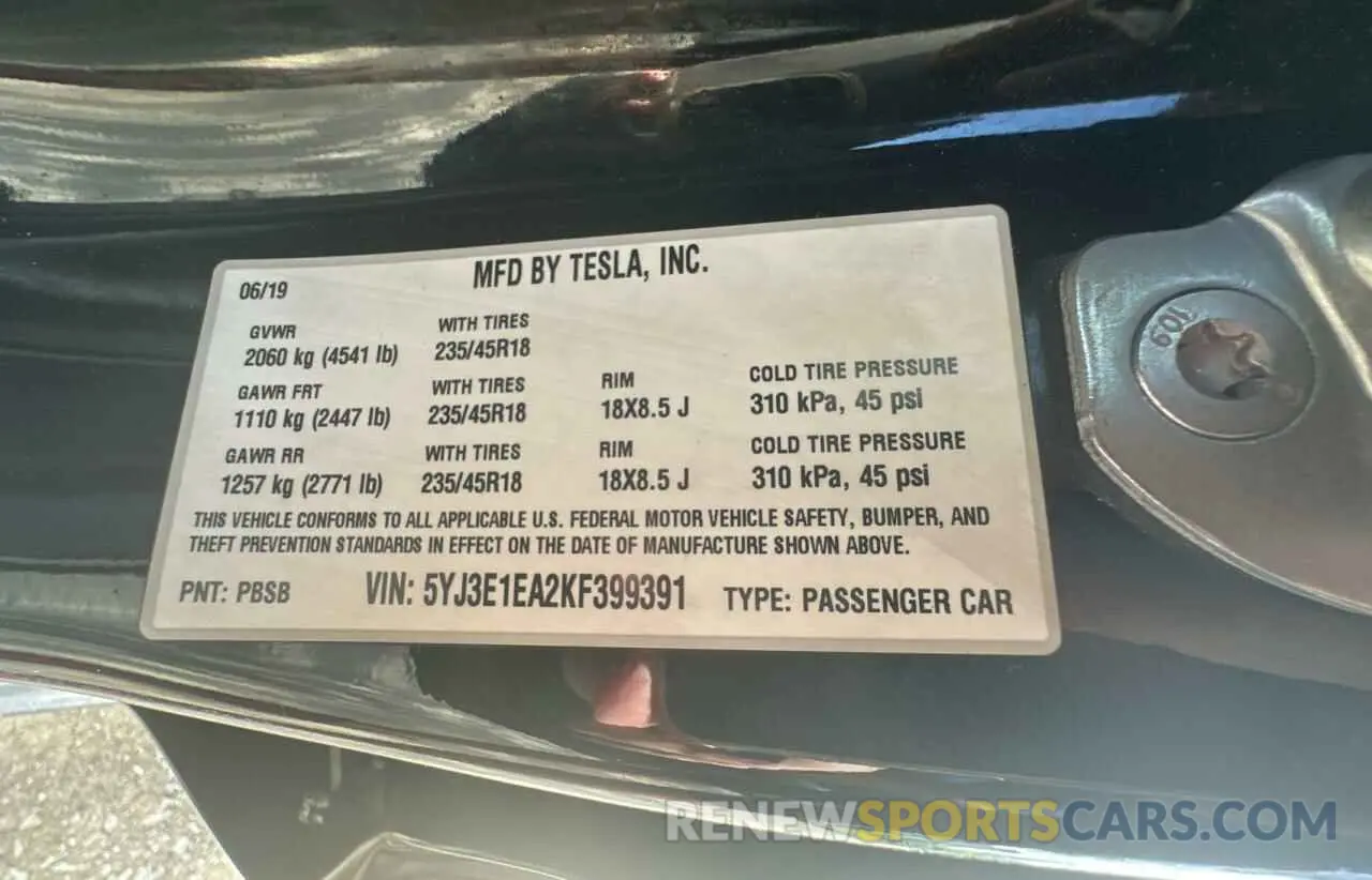 10 Photograph of a damaged car 5YJ3E1EA2KF399391 TESLA MODEL 3 2019