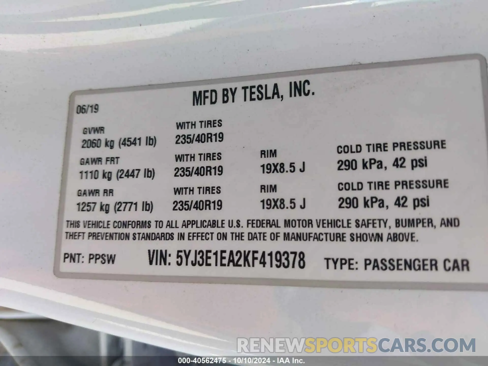 9 Photograph of a damaged car 5YJ3E1EA2KF419378 TESLA MODEL 3 2019