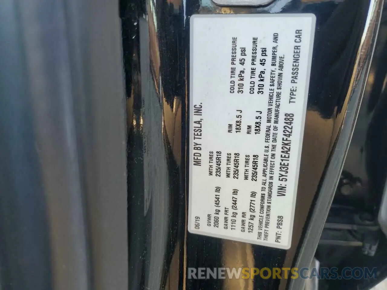 14 Photograph of a damaged car 5YJ3E1EA2KF422488 TESLA MODEL 3 2019
