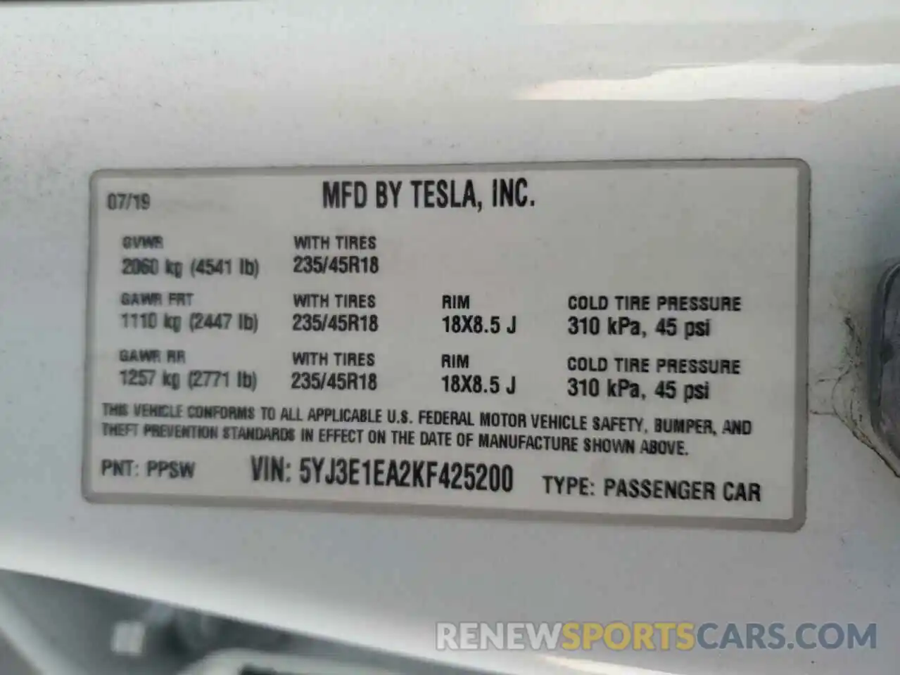 12 Photograph of a damaged car 5YJ3E1EA2KF425200 TESLA MODEL 3 2019