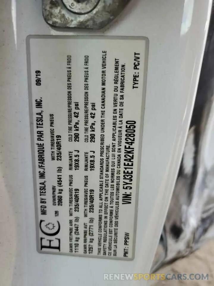 13 Photograph of a damaged car 5YJ3E1EA2KF428050 TESLA MODEL 3 2019