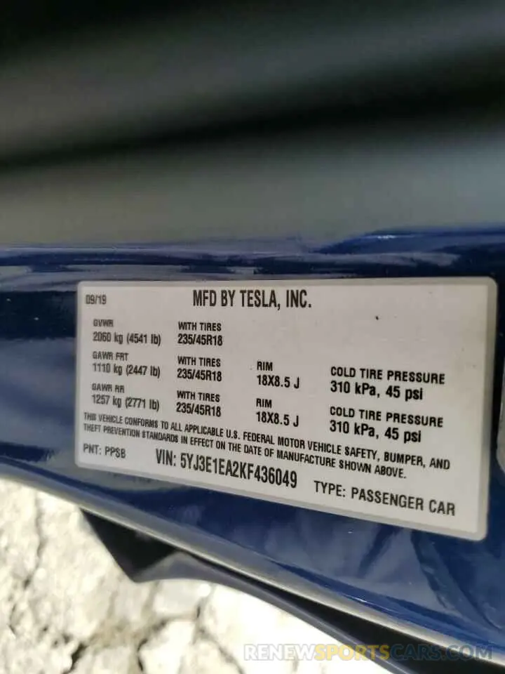 13 Photograph of a damaged car 5YJ3E1EA2KF436049 TESLA MODEL 3 2019