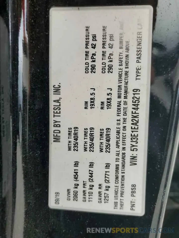 13 Photograph of a damaged car 5YJ3E1EA2KF445219 TESLA MODEL 3 2019