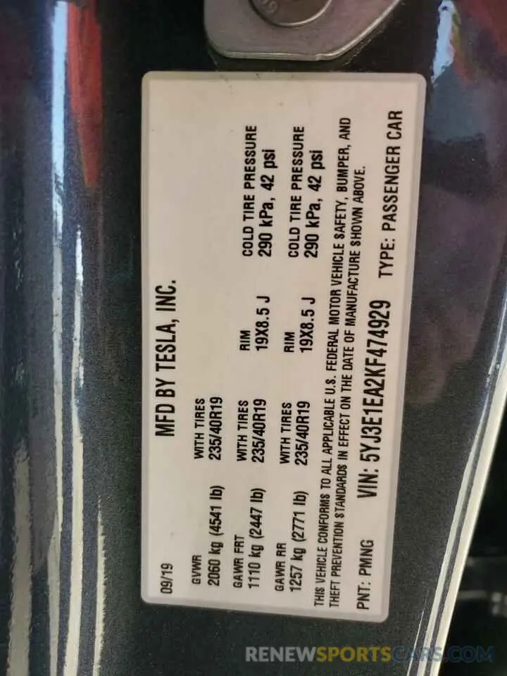 12 Photograph of a damaged car 5YJ3E1EA2KF474929 TESLA MODEL 3 2019