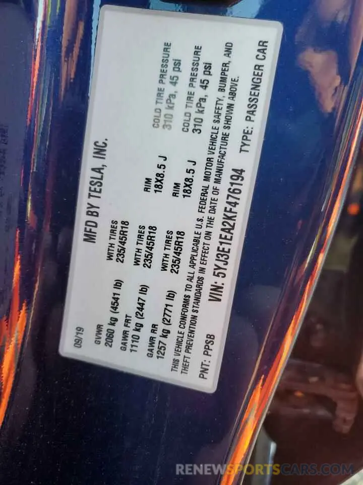12 Photograph of a damaged car 5YJ3E1EA2KF476194 TESLA MODEL 3 2019