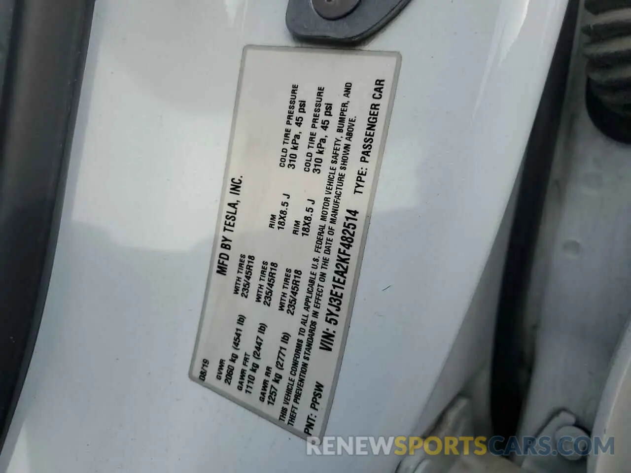 13 Photograph of a damaged car 5YJ3E1EA2KF482514 TESLA MODEL 3 2019