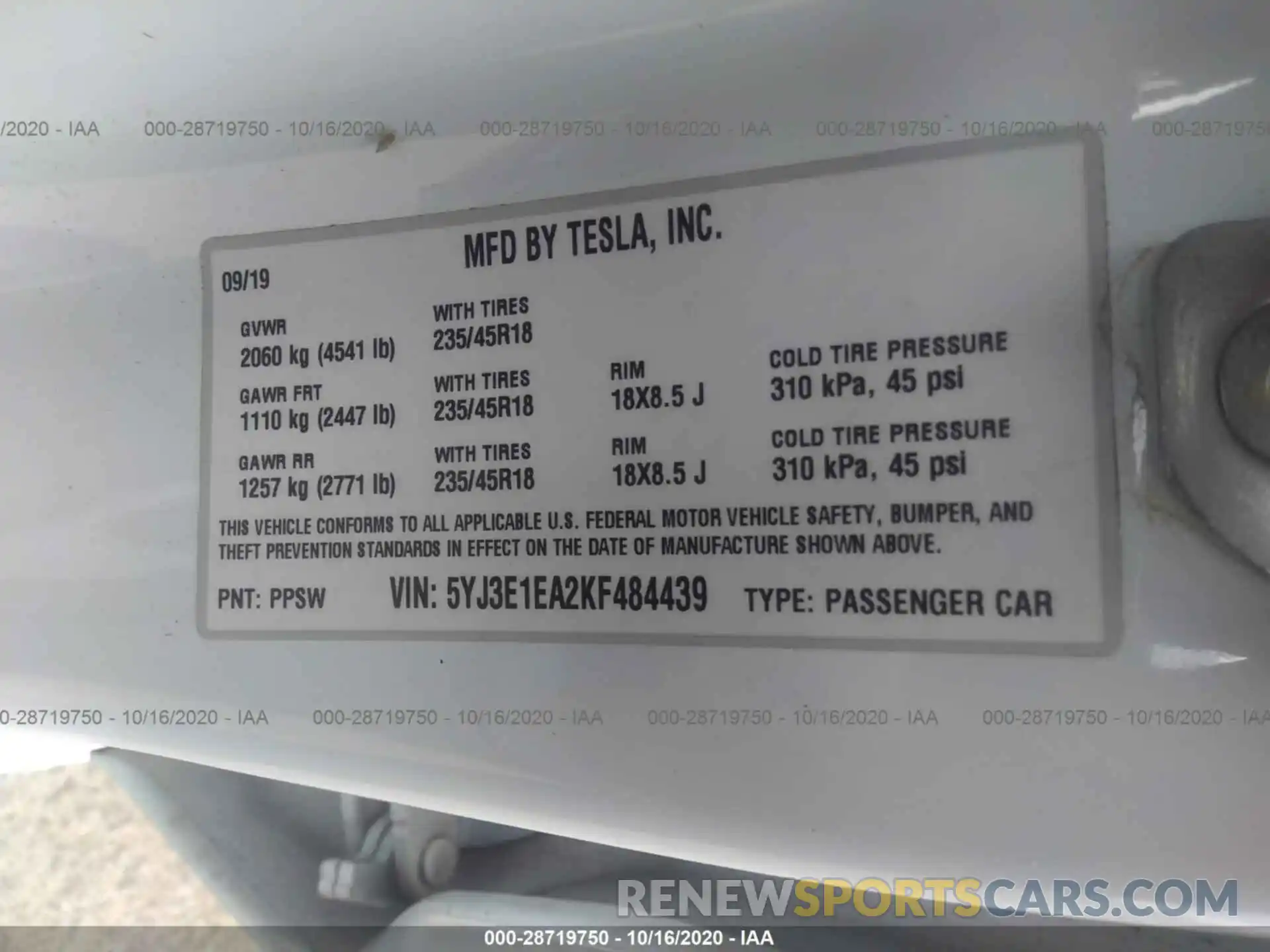 9 Photograph of a damaged car 5YJ3E1EA2KF484439 TESLA MODEL 3 2019