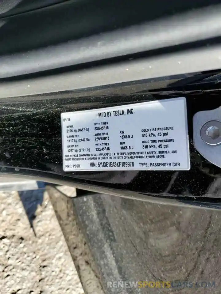 12 Photograph of a damaged car 5YJ3E1EA3KF189978 TESLA MODEL 3 2019