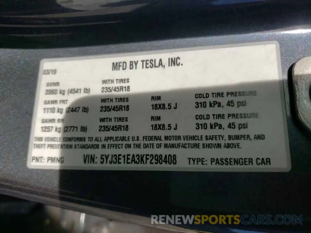 10 Photograph of a damaged car 5YJ3E1EA3KF298408 TESLA MODEL 3 2019