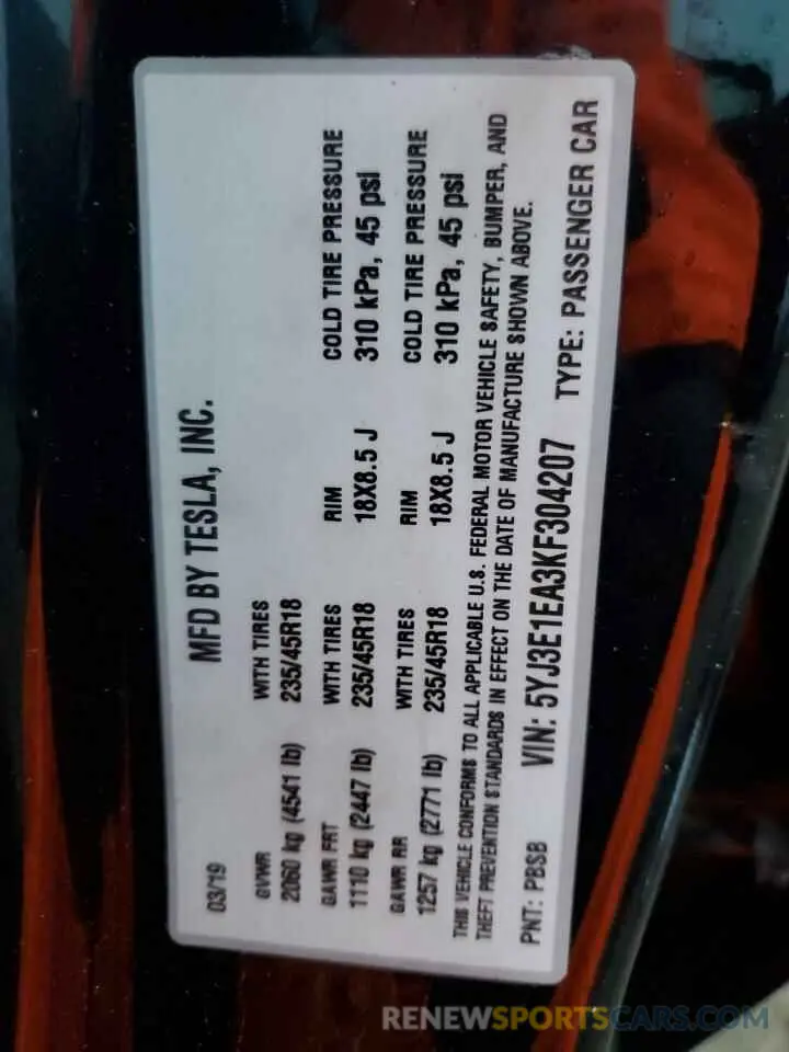 12 Photograph of a damaged car 5YJ3E1EA3KF304207 TESLA MODEL 3 2019
