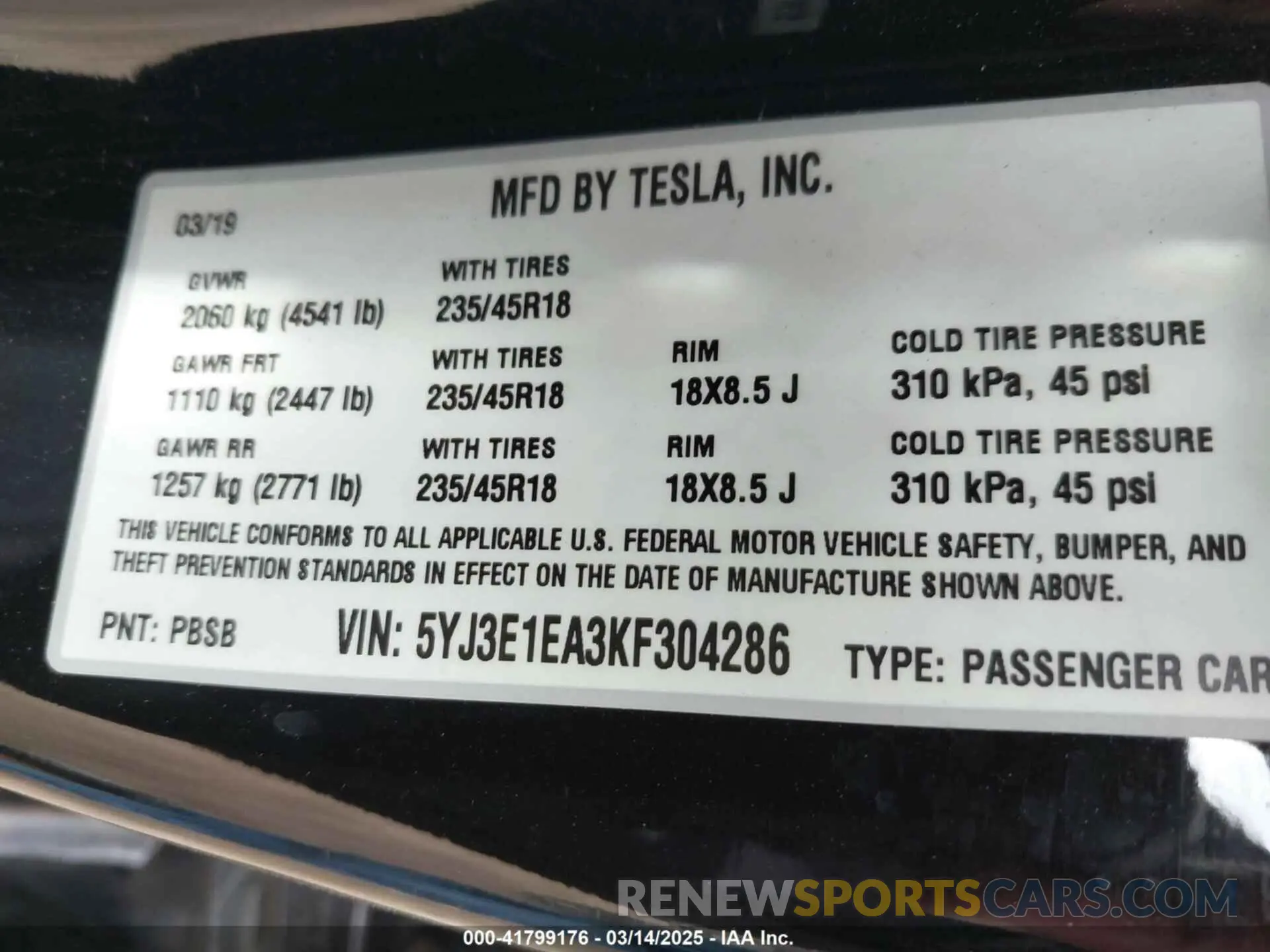 9 Photograph of a damaged car 5YJ3E1EA3KF304286 TESLA MODEL 3 2019