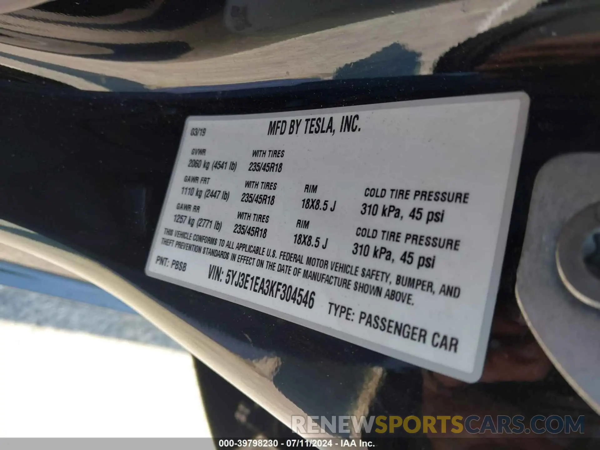 9 Photograph of a damaged car 5YJ3E1EA3KF304546 TESLA MODEL 3 2019