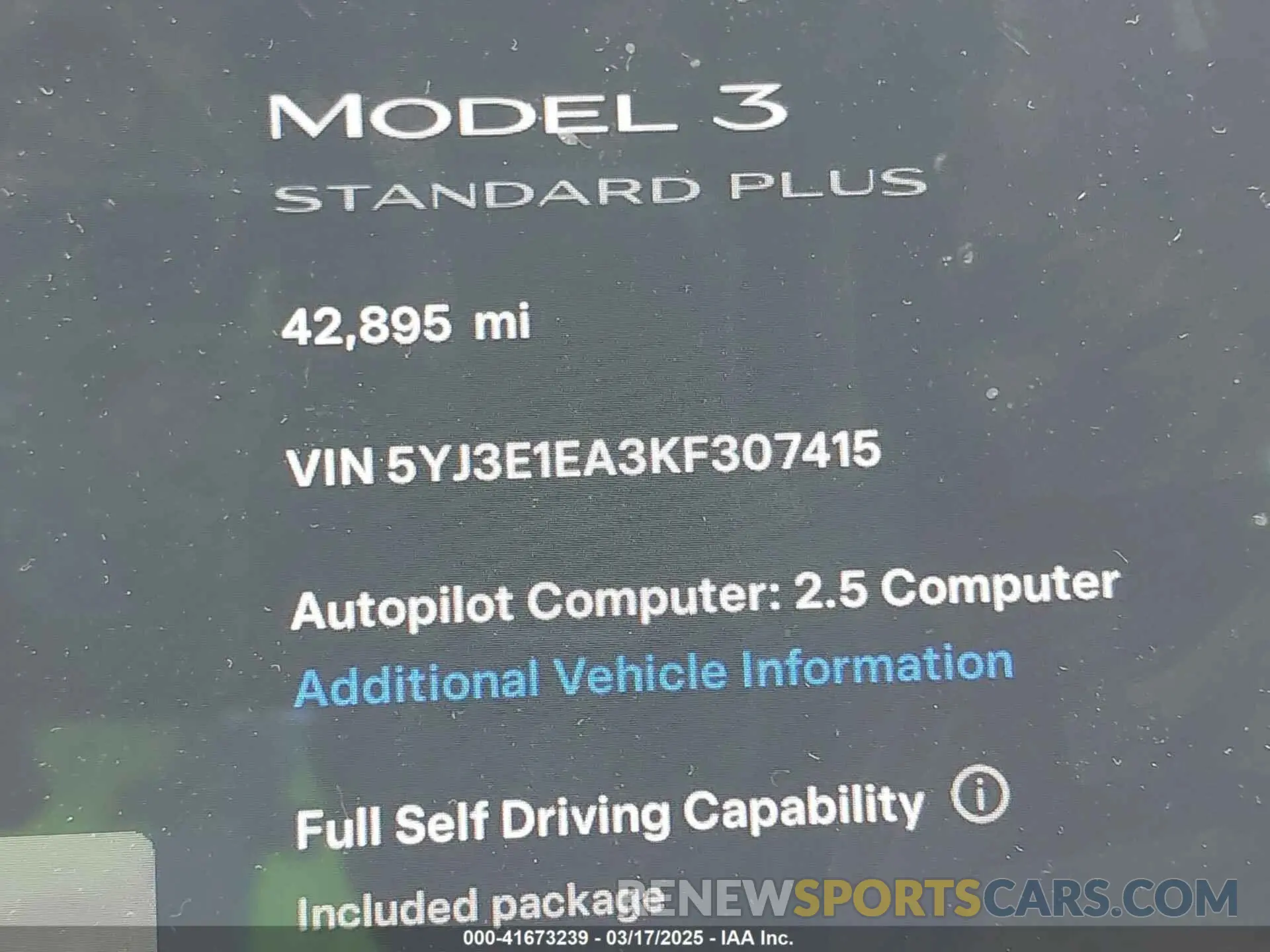 15 Photograph of a damaged car 5YJ3E1EA3KF307415 TESLA MODEL 3 2019