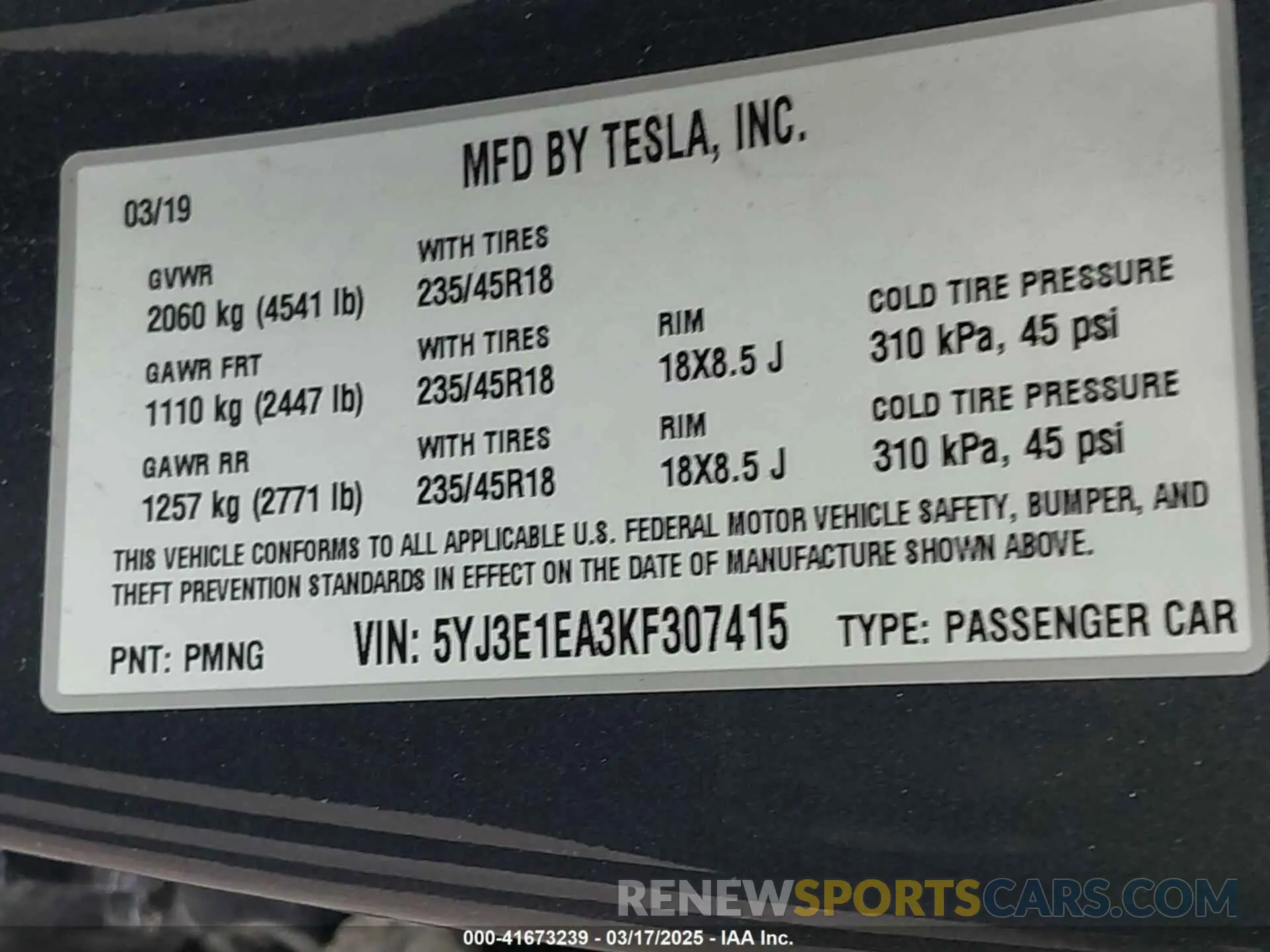 9 Photograph of a damaged car 5YJ3E1EA3KF307415 TESLA MODEL 3 2019