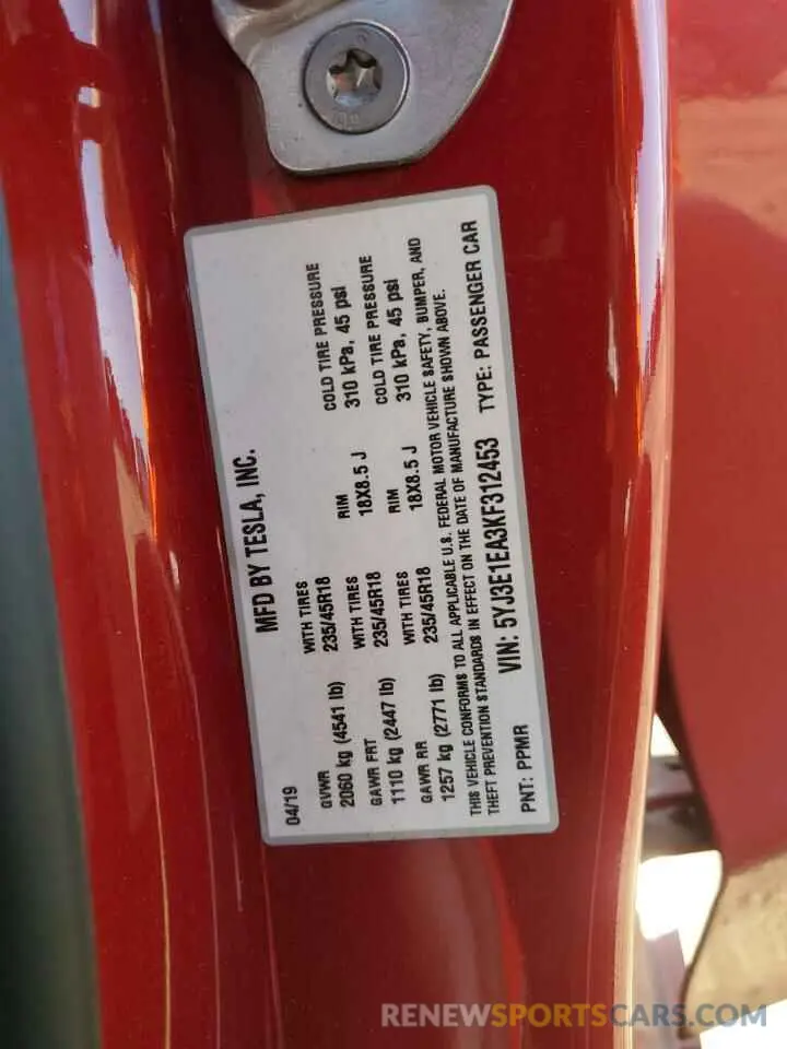 12 Photograph of a damaged car 5YJ3E1EA3KF312453 TESLA MODEL 3 2019
