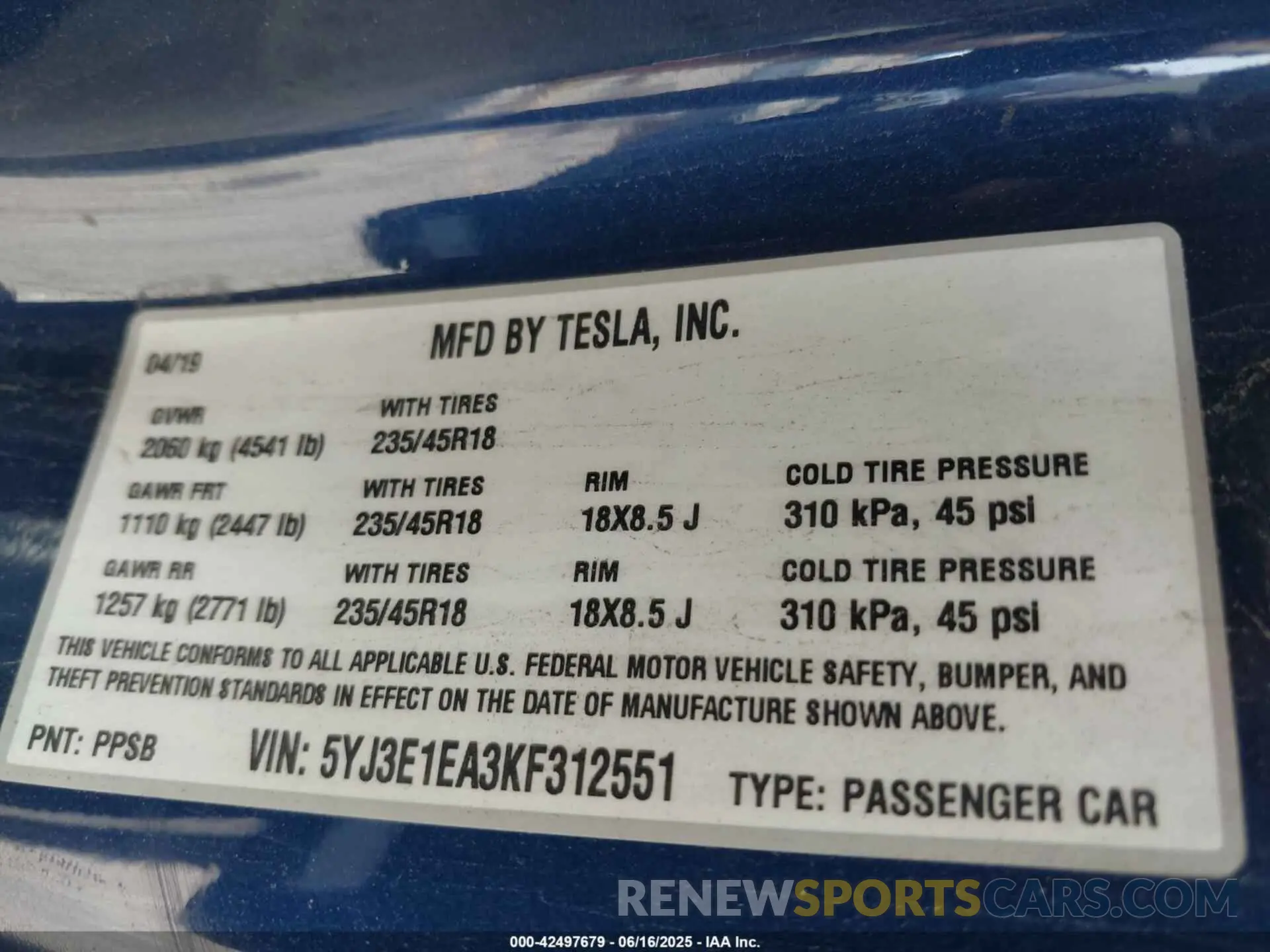 9 Photograph of a damaged car 5YJ3E1EA3KF312551 TESLA MODEL 3 2019