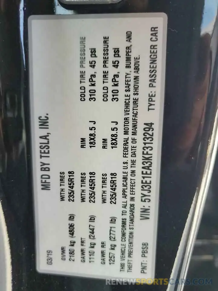 12 Photograph of a damaged car 5YJ3E1EA3KF313294 TESLA MODEL 3 2019
