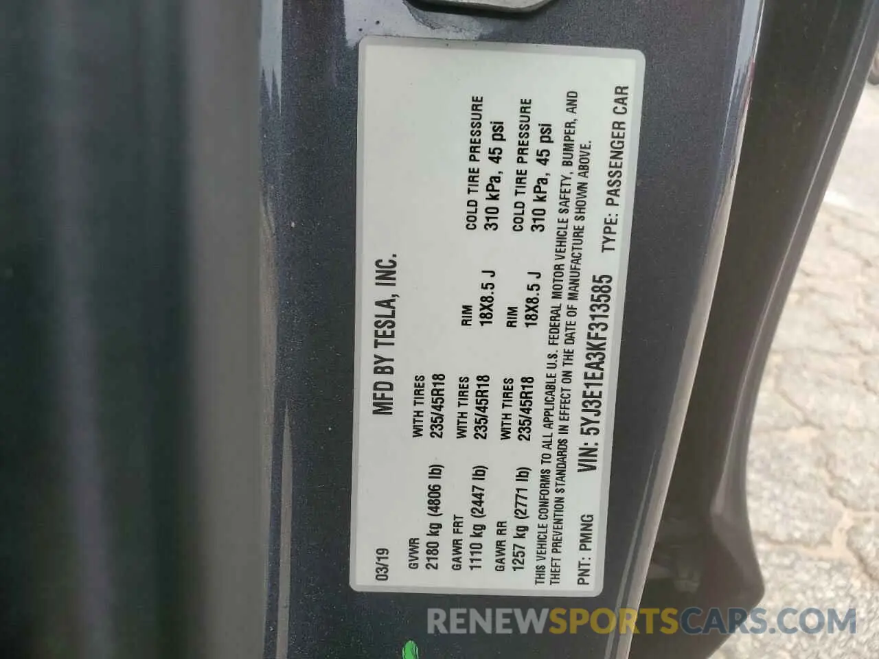 12 Photograph of a damaged car 5YJ3E1EA3KF313585 TESLA MODEL 3 2019